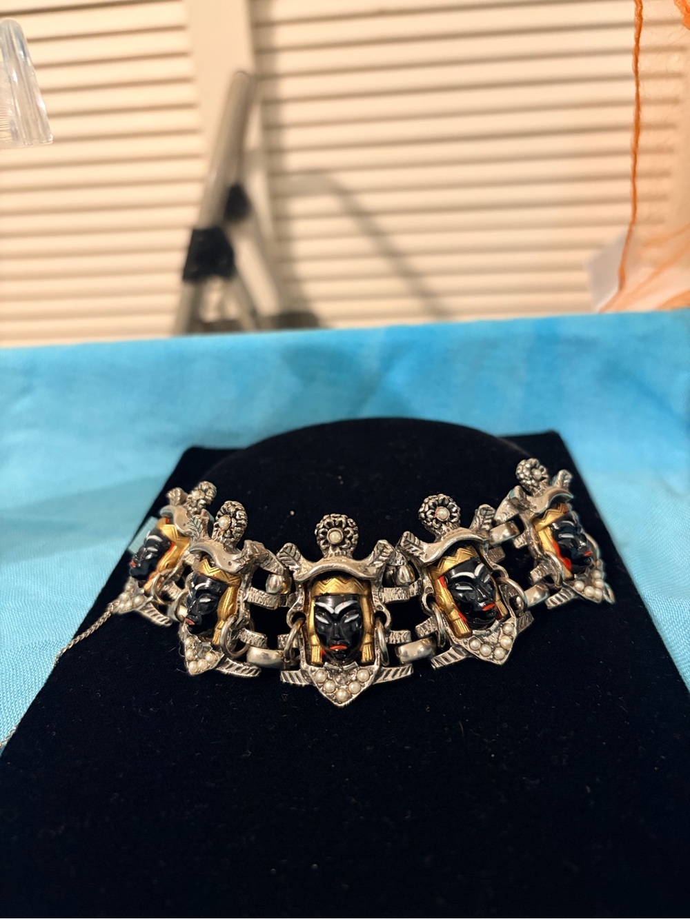 Vintage-style Black and Gold Mask Link Bracelet- Women’s Jewelry
